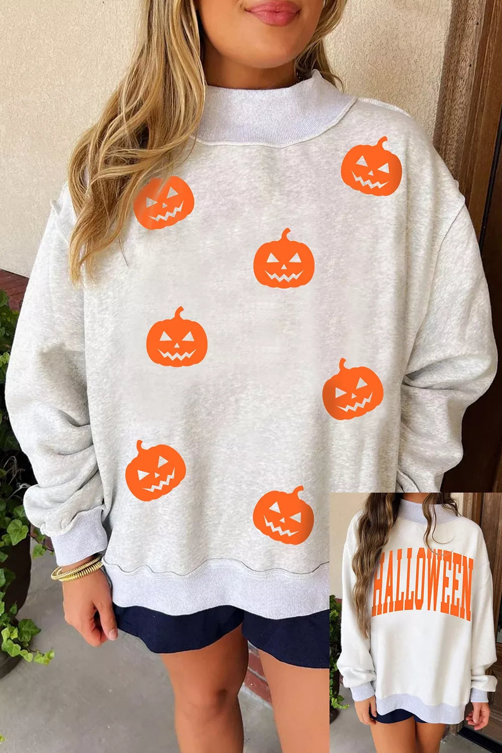 Halloween Pumpkin Face Print Mock Neck Reversible Sweatshirt