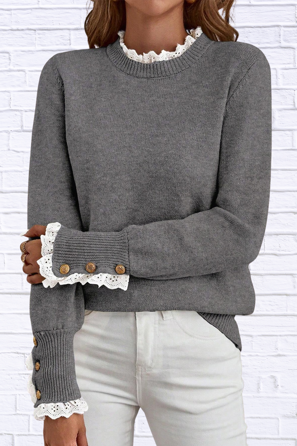 Lace Trim Mock Neck Sweater Dark Gray