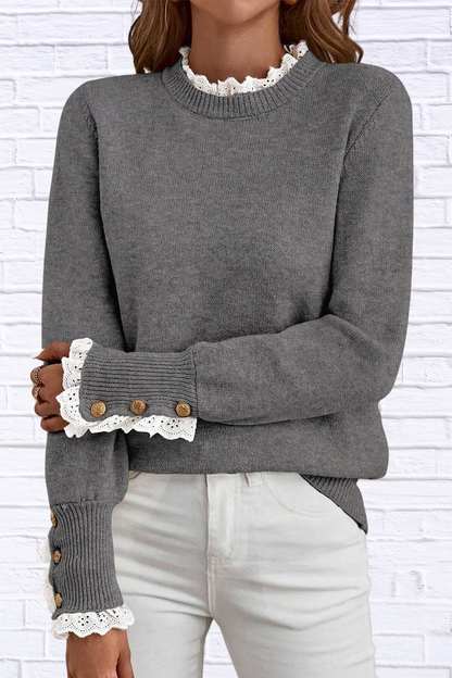 Lace Trim Mock Neck Sweater Dark Gray