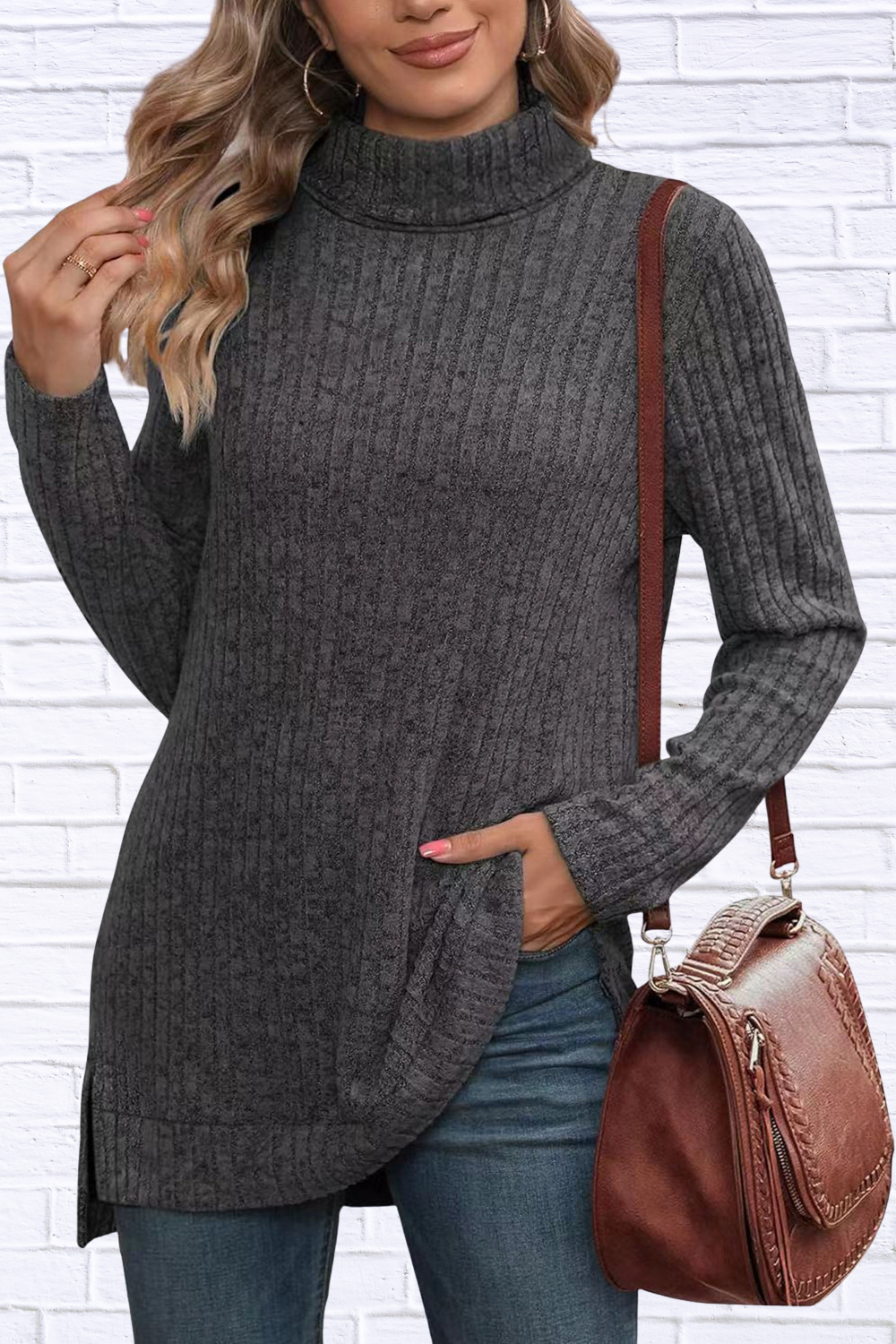 Turtleneck High Low Top Charcoal