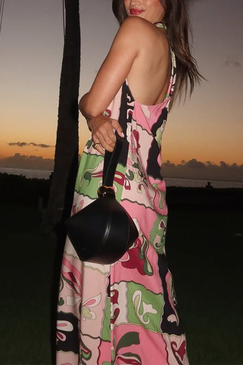 Halter V Neck Backless Printed Maxi Dress
