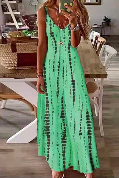 V Neck Tie Dye Swing Maxi Cami Dress Green