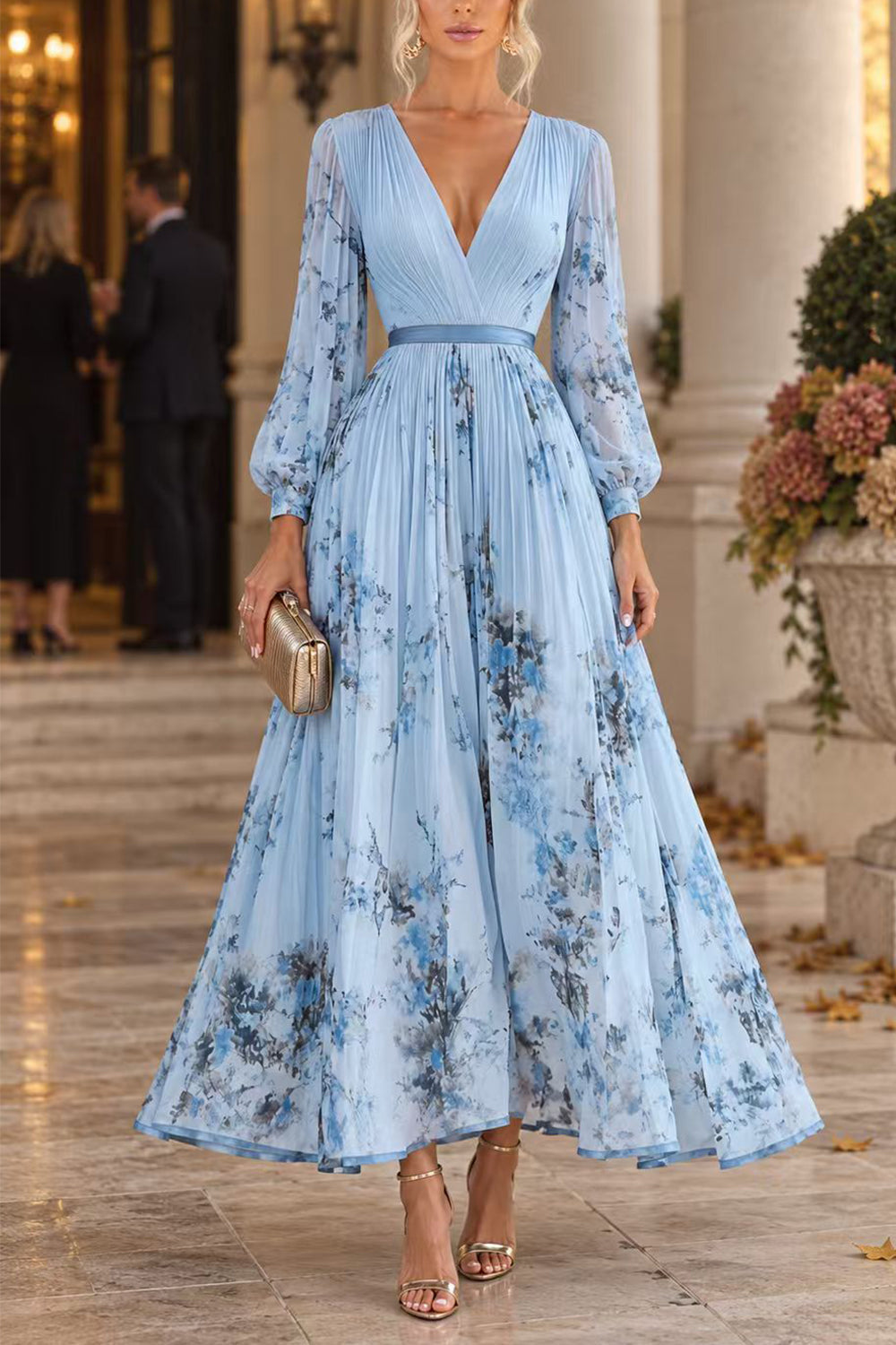 V Neck Lantern Long Sleeves Floral Print Pleated Maxi Dress (B)