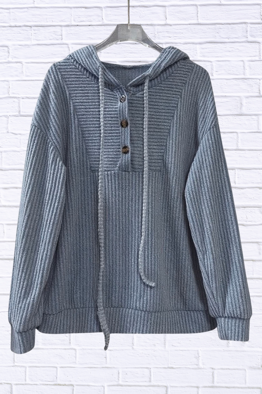 Button-Front Drawstring Hoodie Dusty Blue