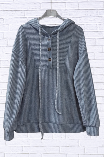 Button-Front Drawstring Hoodie Dusty Blue