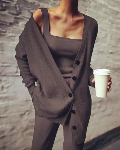 Clidress Camisole Sweater Cardigan Knit Pants 3 Pieces Set