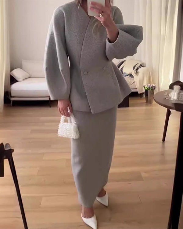 Clidress V Neck Puff Sleeve Blazer and Skirts 2 Pieces Set