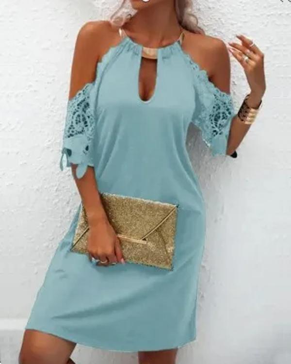 Clidress Lace Metal Neck Sleeve Dress