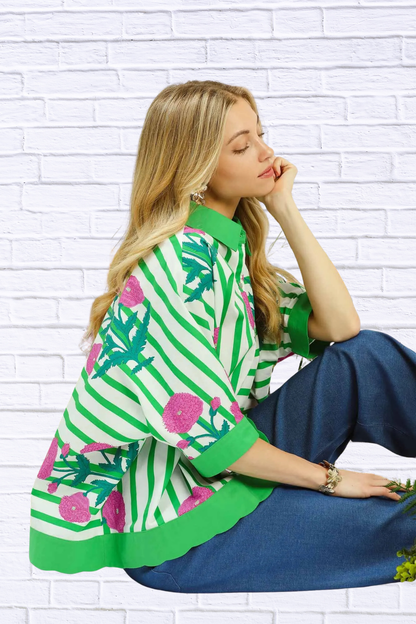 Umgee Mix Floral Stripe Button Down Top