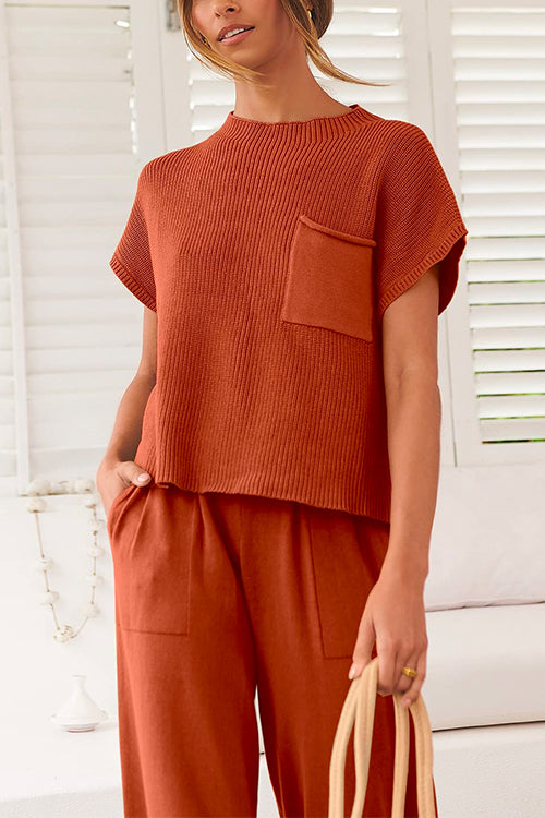 Short Sleeves Ribbed Knit Pullover Ruched Harem Pants Set