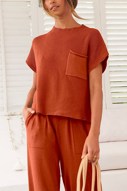 Short Sleeves Ribbed Knit Pullover Ruched Harem Pants Set