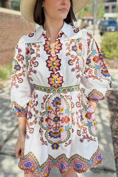 Lantern Sleeves Button Up Waisted Bohemia Print Mini Dress