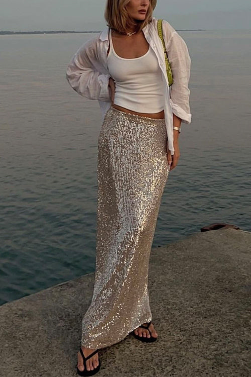 Elastic Waist Sequin A-line Maxi Skirt Gold