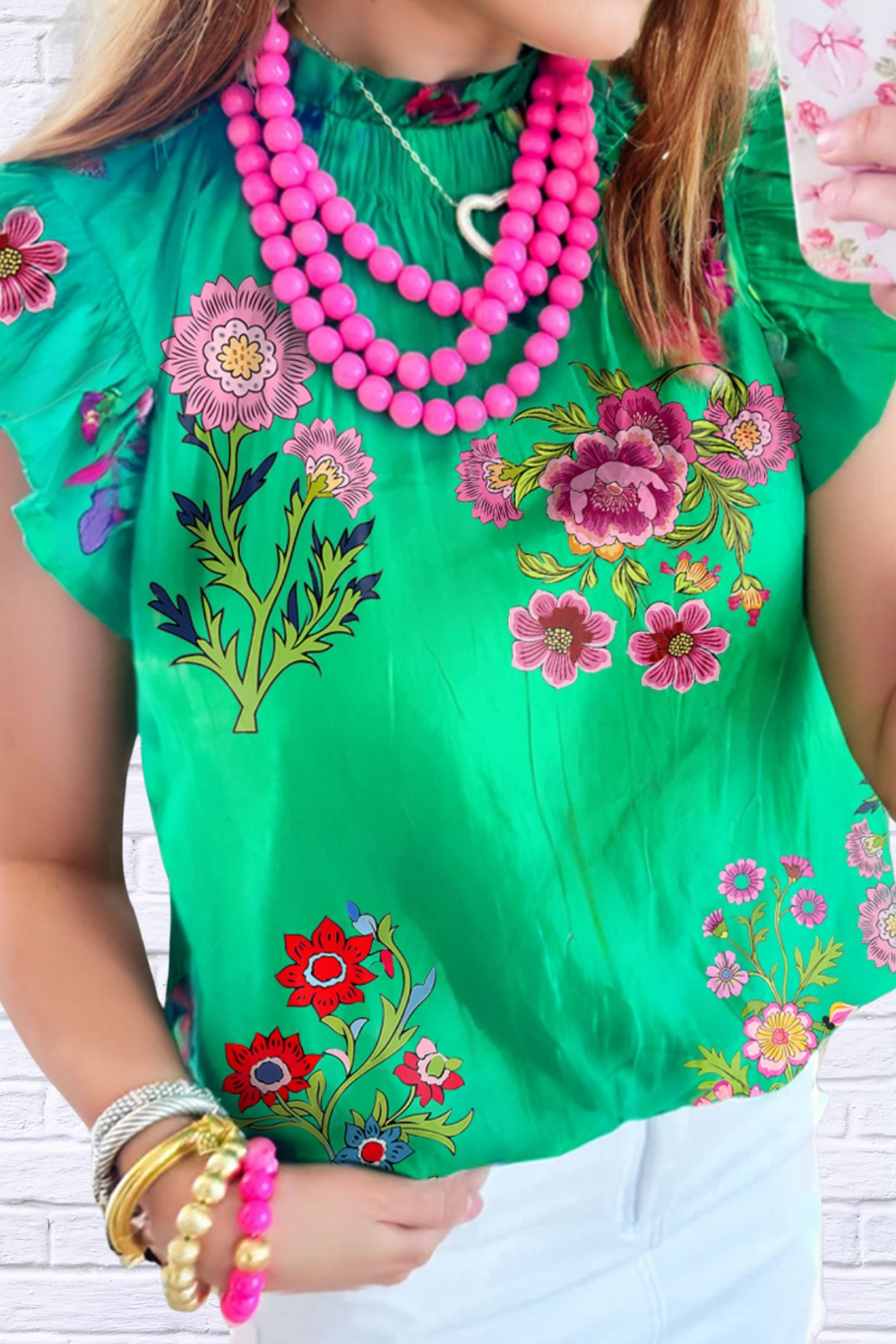 Floral Ruffle Cap Sleeve Blouse Green