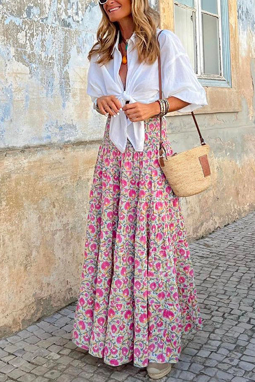 Frilled Elastic Waist Bohemia Floral Maxi Flowy Skirt