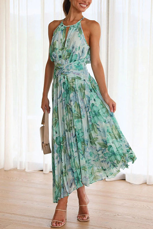 V Neck Waisted Cut Out Floral Pleated Maxi Dress