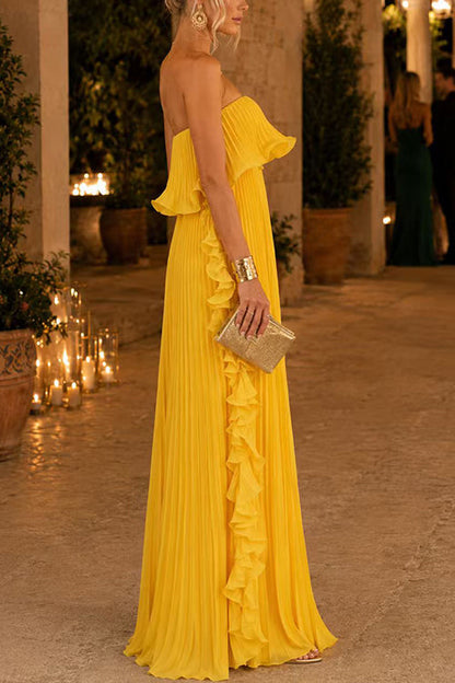 Elegant Strapless Tube Ruffle Pleated Maxi Dress