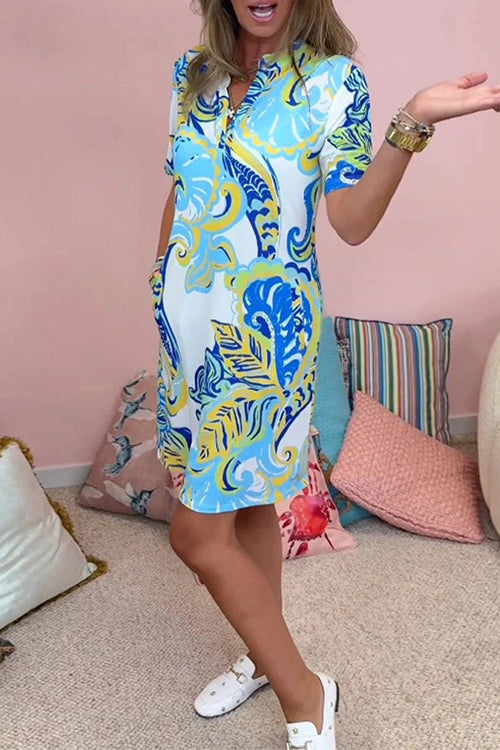 V Neck Short Sleeves Pocketed Unique Print Dress