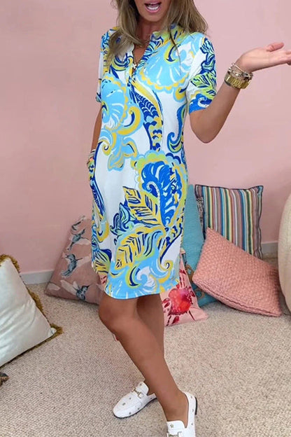 V Neck Short Sleeves Pocketed Unique Print Dress
