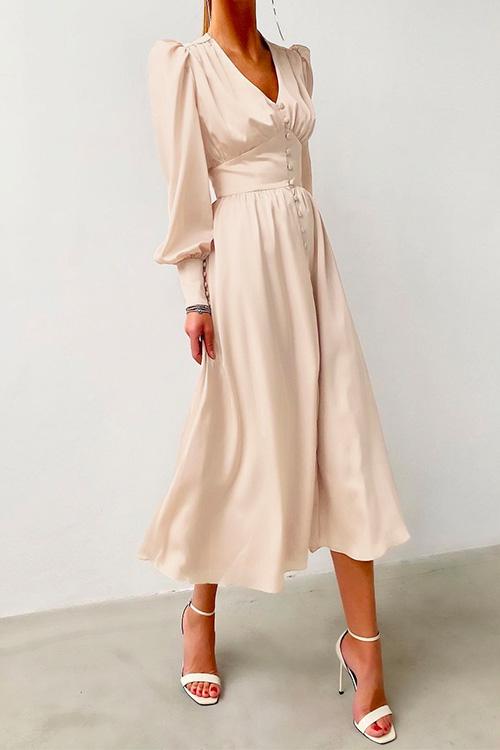 V Neck Puff Sleeve Waisted Ruffle Satin Dress