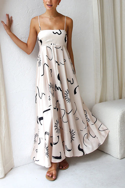 High Waist Graffiti Print Ruffle Swing Maxi Cami Dress Print