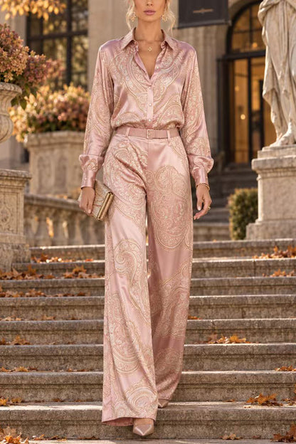 Lapel Long Sleeves Shirt High Rise Pocketed Straight Leg Pants Paisley Print Set (B)