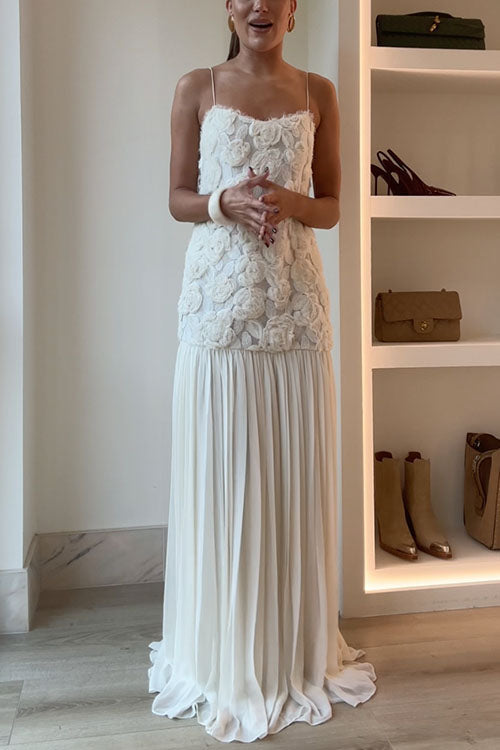 Spaghetti Strap Floral Applique Patchwork Maxi Dress