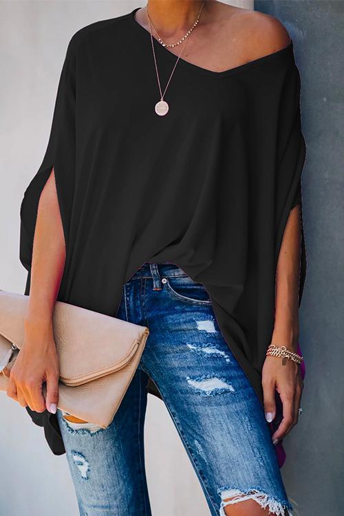 Loose V Neck Batwing Sleeve Solid T Shirt Black