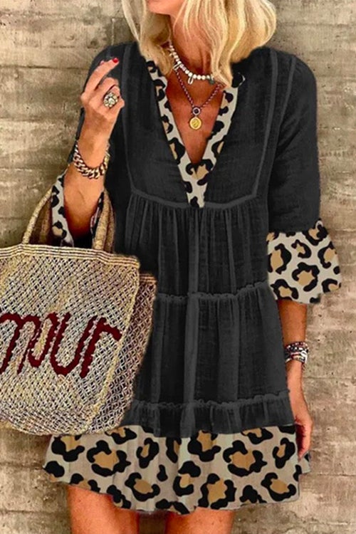V Neck Leopard Splice Swing Dress Black