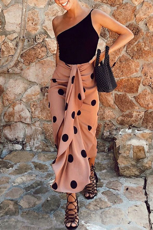 Drape Front Slit Ruched Polka Dot Skirts Printed
