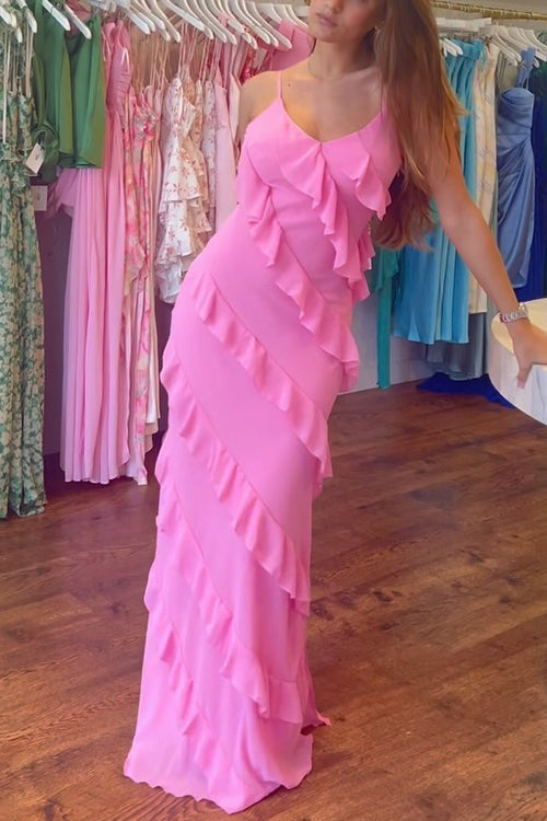 V Neck Side Slit Frills Maxi Cami Dress Pink