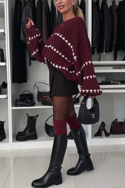 Lantern Sleeves Color Block Chunky Knit Sweater