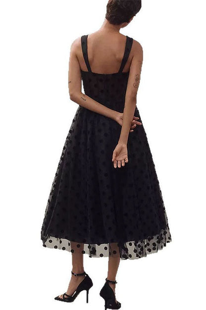 V Neck Polka Dot Mesh A-line Midi Cami Dress