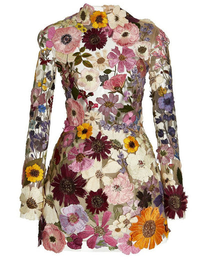 Clidress 3D Flower Long Sleeve Lining Mini Dress