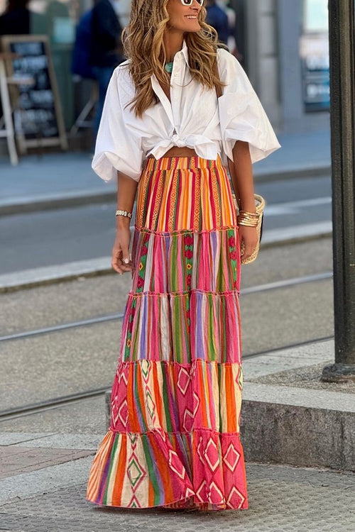 Elastic Waist Ruffle Tiered Color Block Printed Maxi Skirt Print