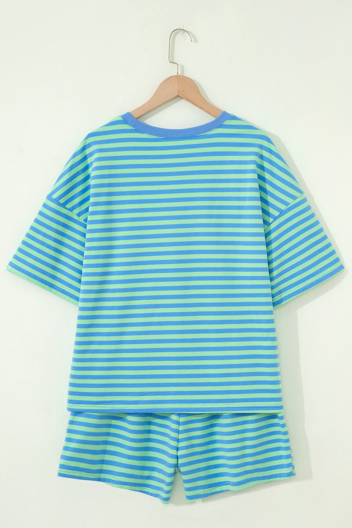 Green Stripe Striped Ribbed Cotton Two-Piece Pant Set with Chest Patch Detail