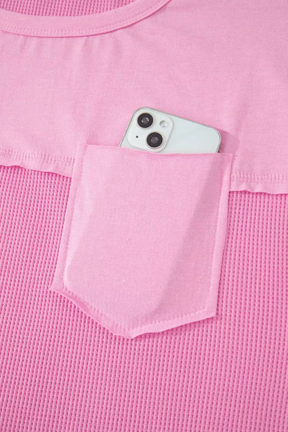 Solid Color Raw Seam Waffled Patchwork Casual T Shirt