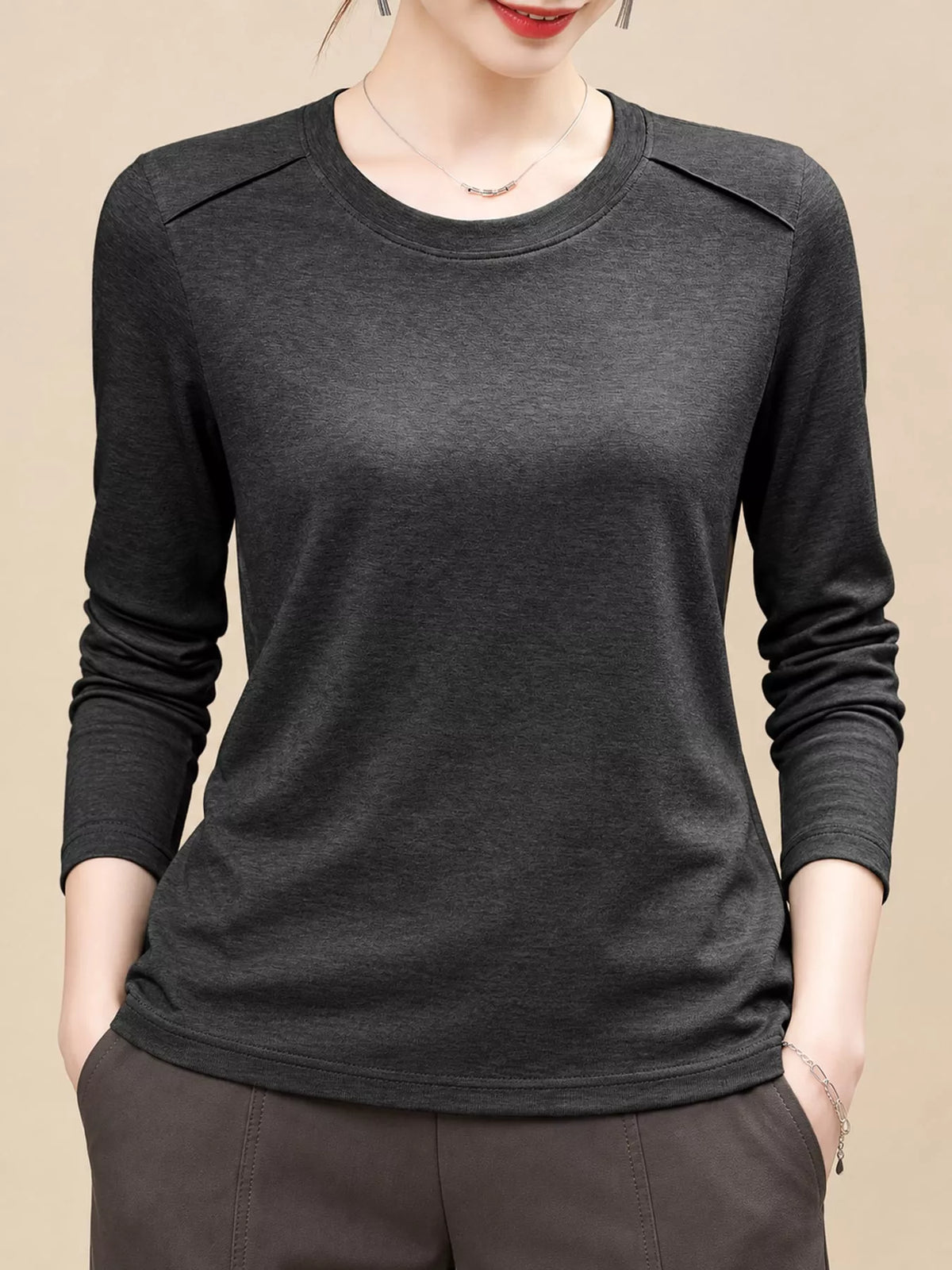 Plus Size Solid Long-Sleeve Crew Neck T-Shirt
