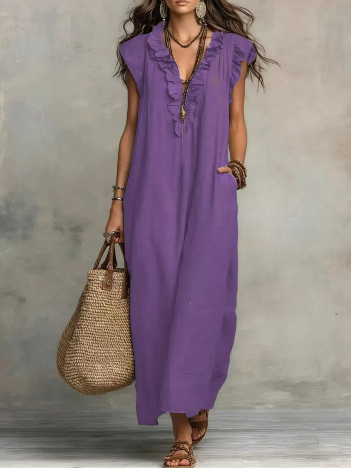 Ruffled V-Neck Maxi Dress