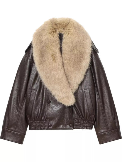 Faux Fur Collar Leather Bomber Jacket