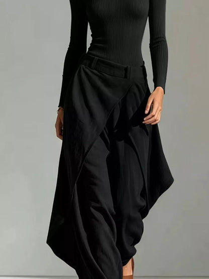Boat Neck Long-Sleeve Top and Wrap Wide-Leg Pant Set