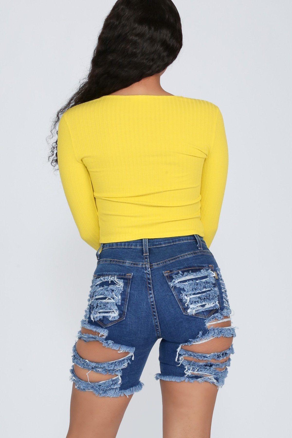Cropped and Ripped Stretch Denim Shorts Navy Blue