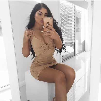 Suzie's Pleated Deep V-neck Mini Bodycon Dress