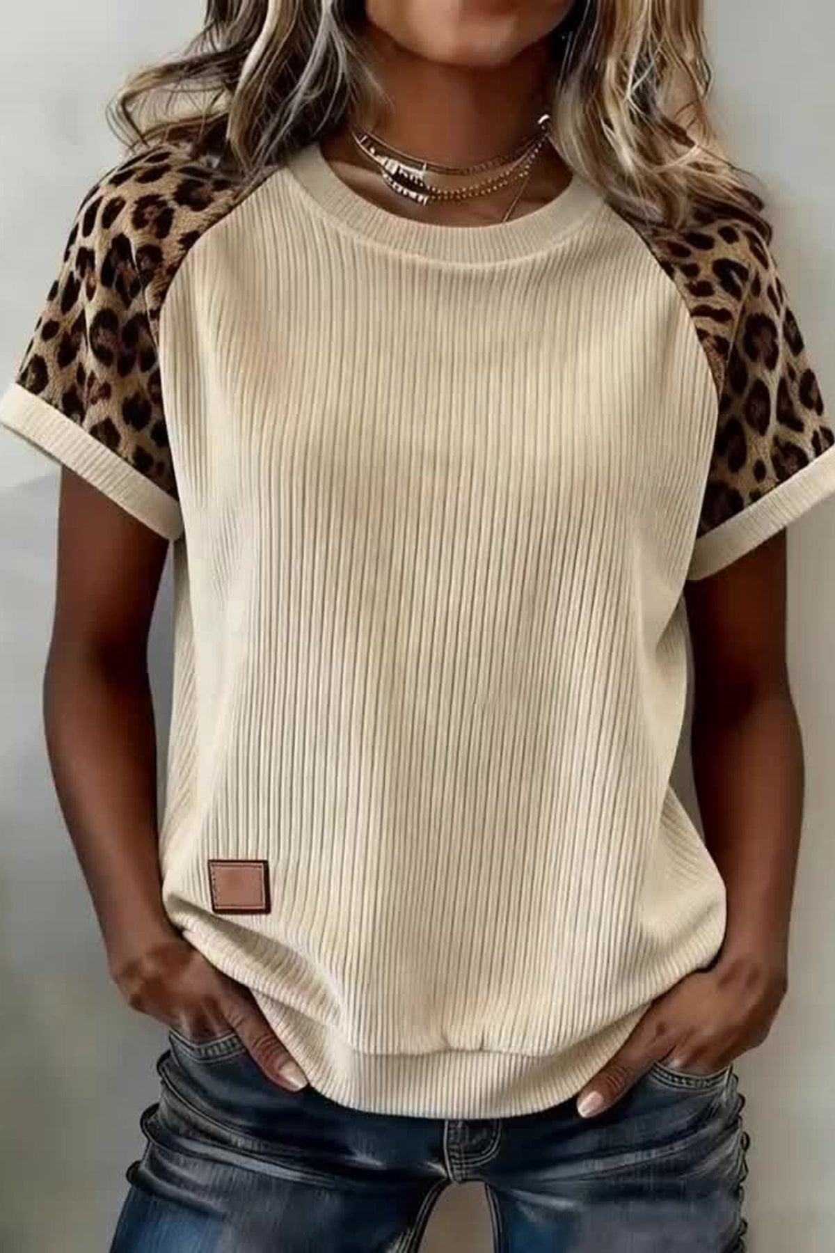 Apricot Ribbed Color Block Leopard Contrast Sleeve Loose Tee