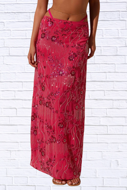 Sequin Embroidered Maxi Skirt for Women | Elegant Boho Floral Long Skirt | Flowy Statement Evening & Vacation Skirt