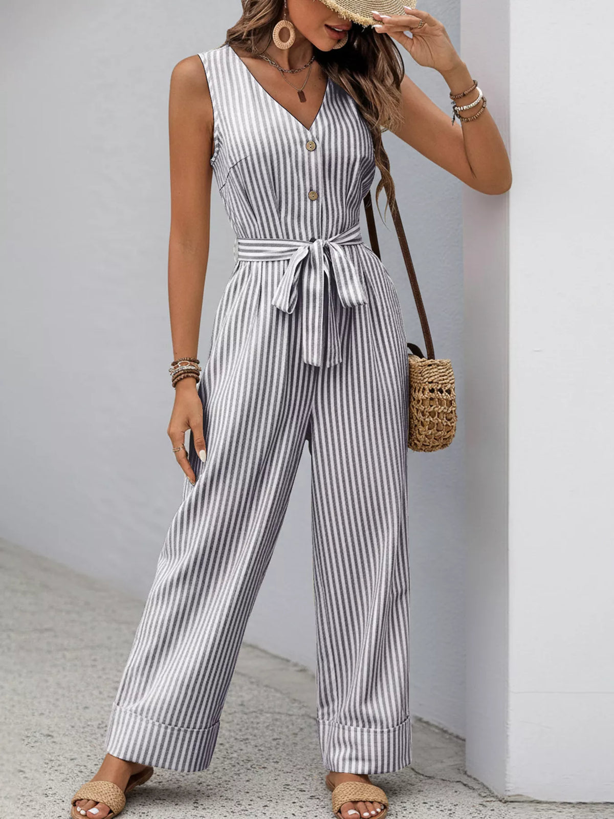 Sleeveless Striped V-Neck Jumpsuit