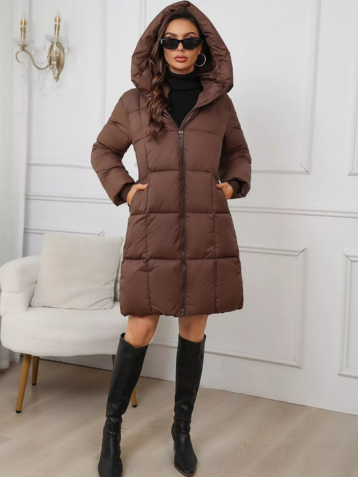 Full Size Zip Up Hooded Longline Puffer Outerwear Plus Size