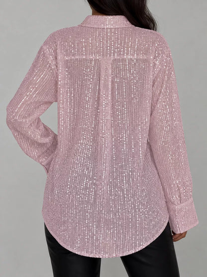 Full Size Sequin Button-Down Shirt Plus Size