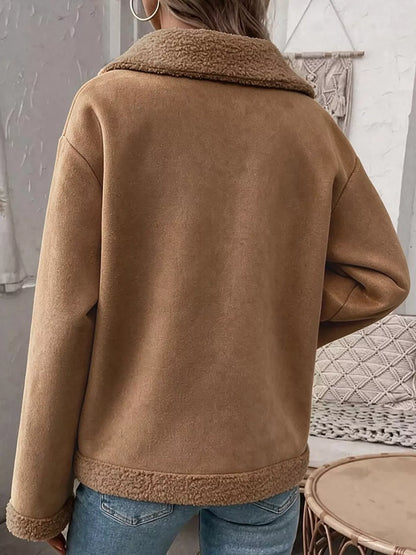 Full Size Cozy Faux Suede Sherpa-Lined Button-Down Jacket Plus Size