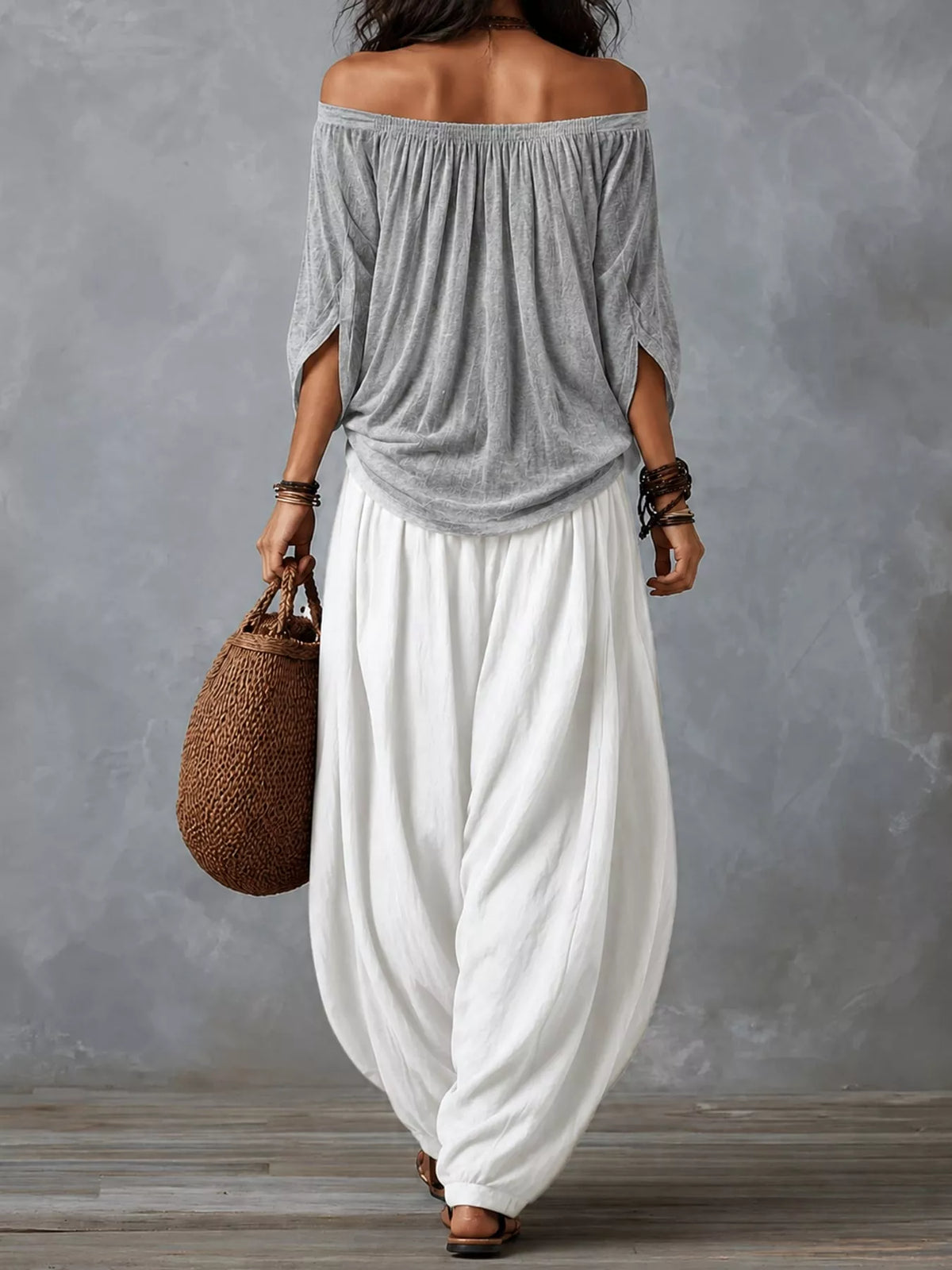 Full Size Off-Shoulder Top and Wide-Leg Harem Pants Set Plus Size